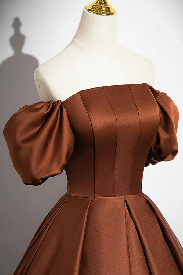 Brown Satin Long A-Line Prom Dress Off the Shoulder Evening Party Dress
