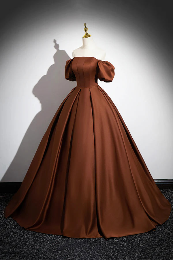 Brown Satin Long A-Line Prom Dress Off the Shoulder Evening Party Dress