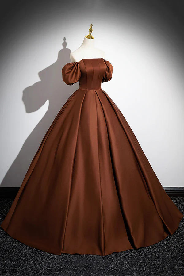 Brown Satin Long A-Line Prom Dress Off the Shoulder Evening Party Dress