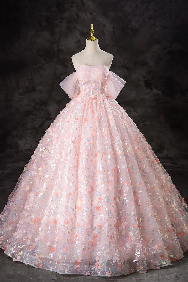 A-Line Pink Flowers Tulle Long Princess Dress Off the Shoulder Formal Evening Dress