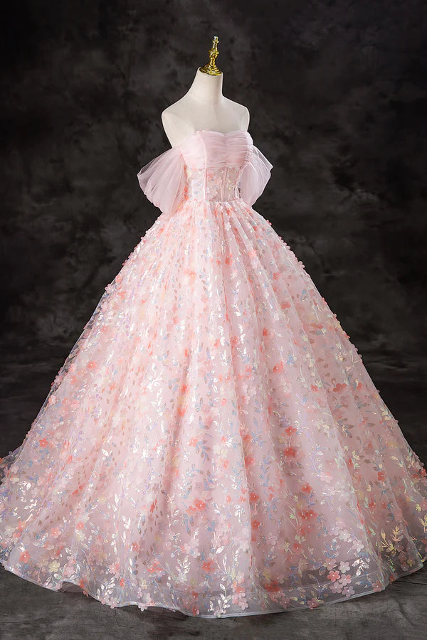 A-Line Pink Flowers Tulle Long Princess Dress Off the Shoulder Formal Evening Dress