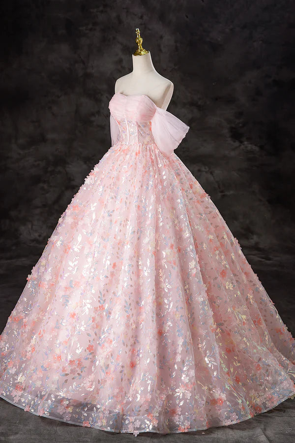 A-Line Pink Flowers Tulle Long Princess Dress Off the Shoulder Formal Evening Dress