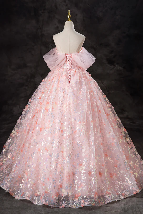 A-Line Pink Flowers Tulle Long Princess Dress Off the Shoulder Formal Evening Dress