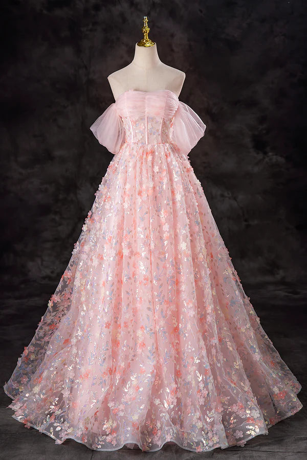 A-Line Pink Flowers Tulle Long Princess Dress Off the Shoulder Formal Evening Dress