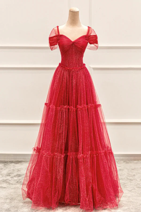 Red Tulle Long A-Line Prom Dress Off the Shoulder Evening Party Dress with Lace Up