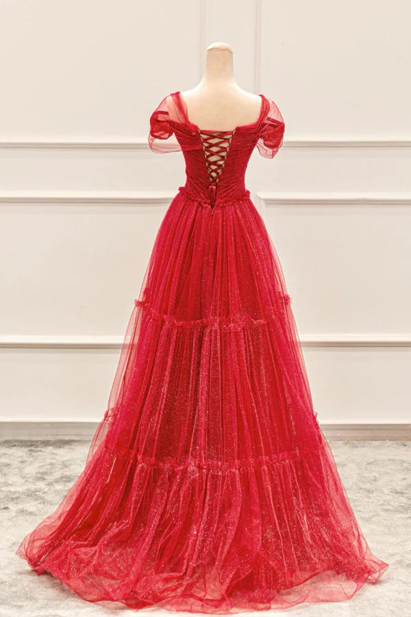 Red Tulle Long A-Line Prom Dress Off the Shoulder Evening Party Dress with Lace Up