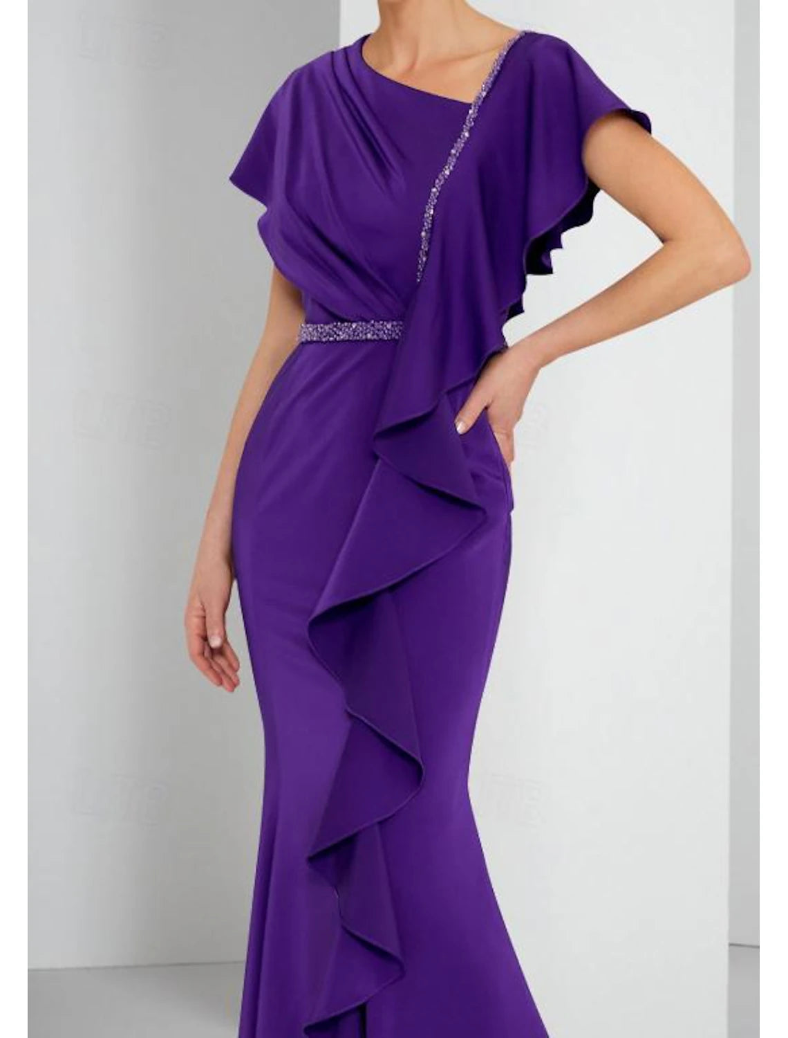 Buyishang Sheath / Column Mother of the Bride Dress Formal Elegant One Shoulder Ankle Length Stretch Fabric Short Sleeve with Pleats free custom size