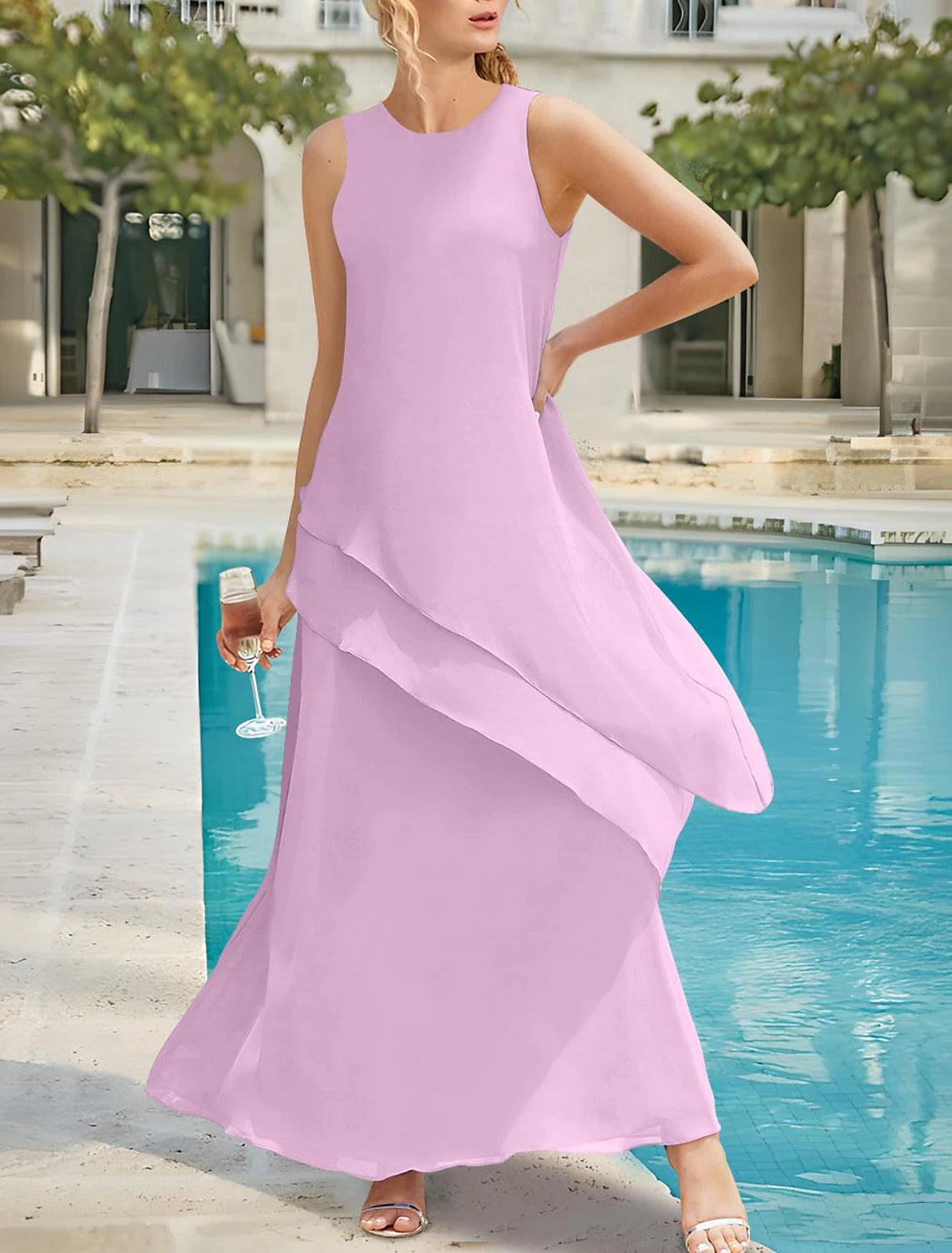 Buyishang Sheath / Column Mother of the Bride Dress Elegant Simple Jewel Neck Ankle Length Stretch Chiffon Sleeveless with Tier Solid Color free custom size