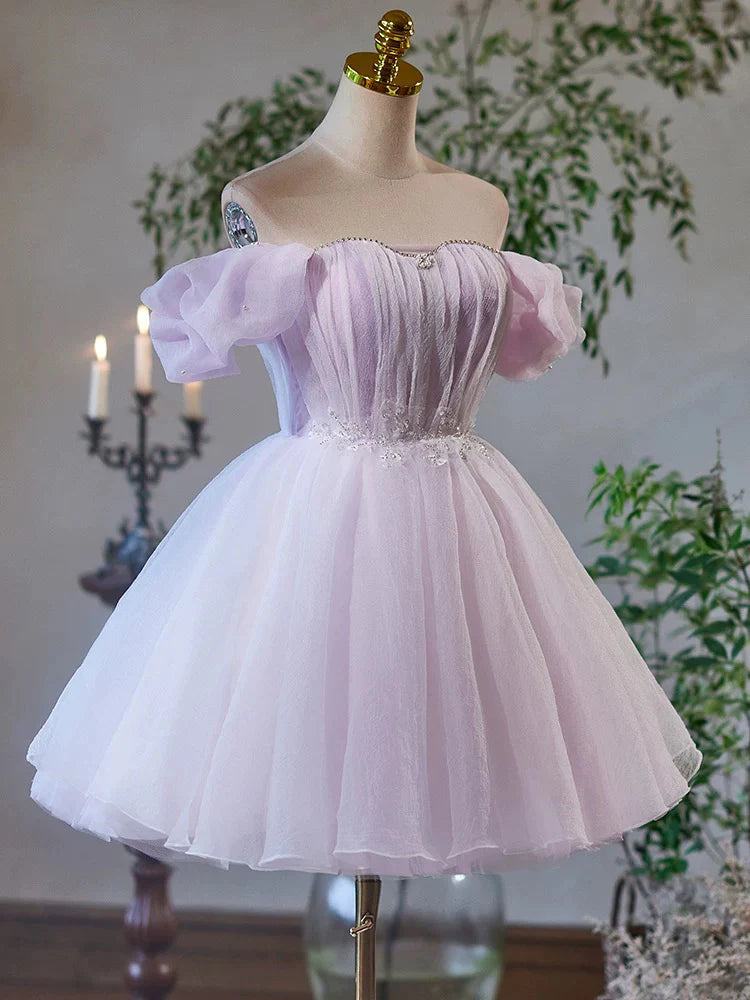 Buyishang A-Line Sweetheart Neck Tulle Purple Short Prom Dress Purple Homecoming Dress
