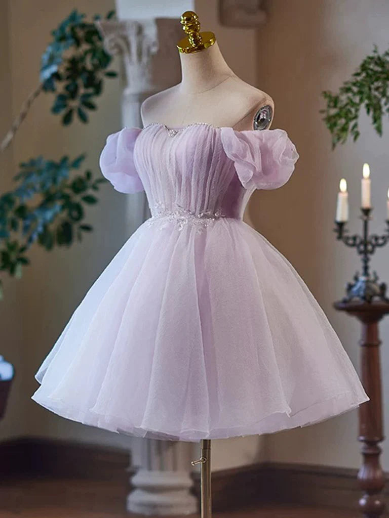 Buyishang A-Line Sweetheart Neck Tulle Purple Short Prom Dress Purple Homecoming Dress