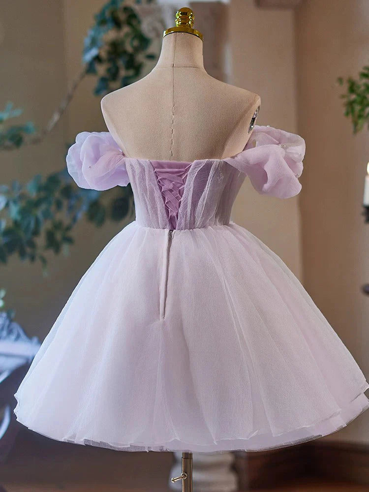 Buyishang A-Line Sweetheart Neck Tulle Purple Short Prom Dress Purple Homecoming Dress