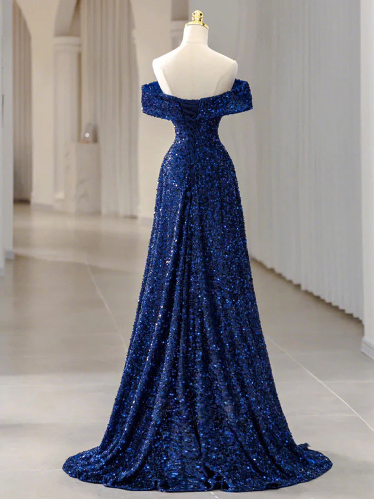 Buyishang Blue Velvet Sequin Long Prom Dress Blue Formal Dress