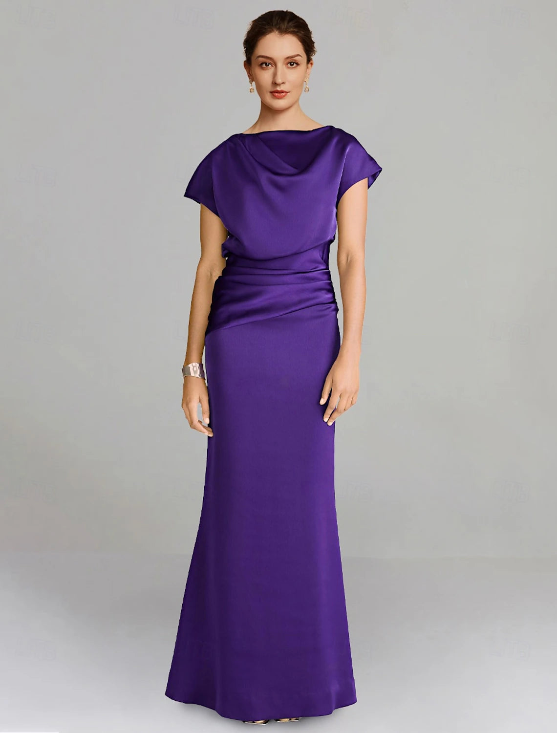 Buyishang Sheath / Column Dress Mother of the Bride Dress Formal Elegant Off Shoulder Floor Length Satin Short Sleeve with Ruched Solid Color free custom size