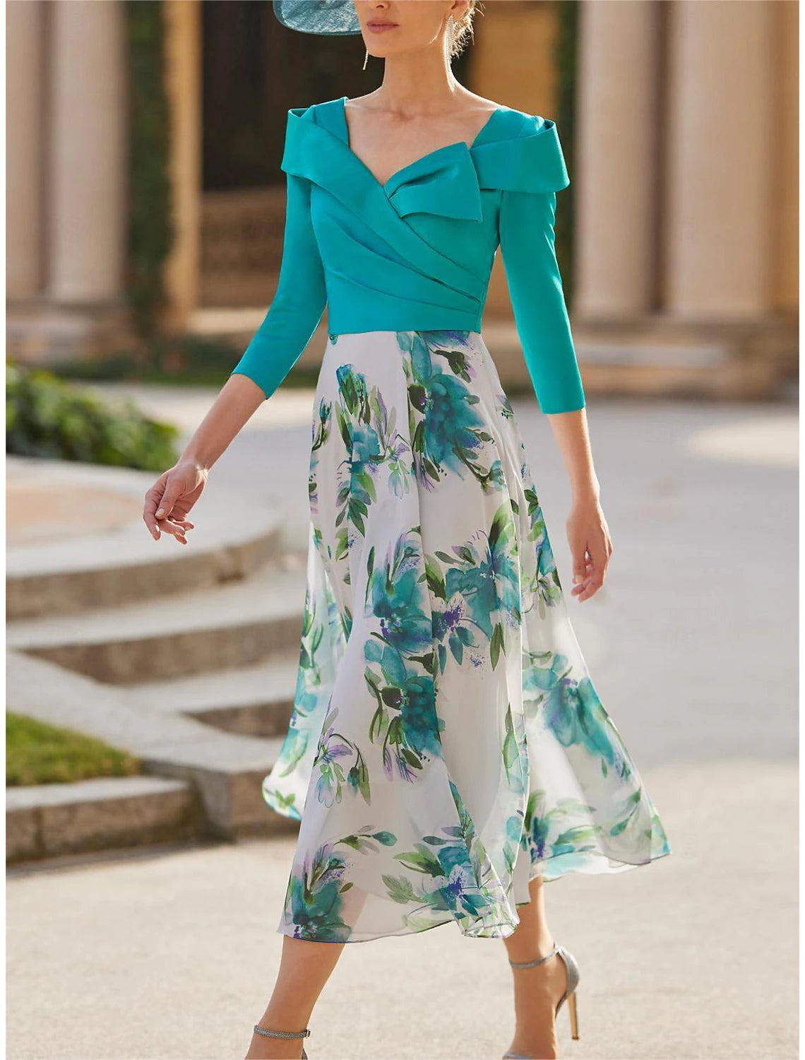 Buyishang A-Line Two Piece Mother of the Bride Dress Wedding Guest Elegant Vintage V Neck Tea Length Chiffon 3/4 Length Sleeve with Bow(s) Ruched Flower free custom size