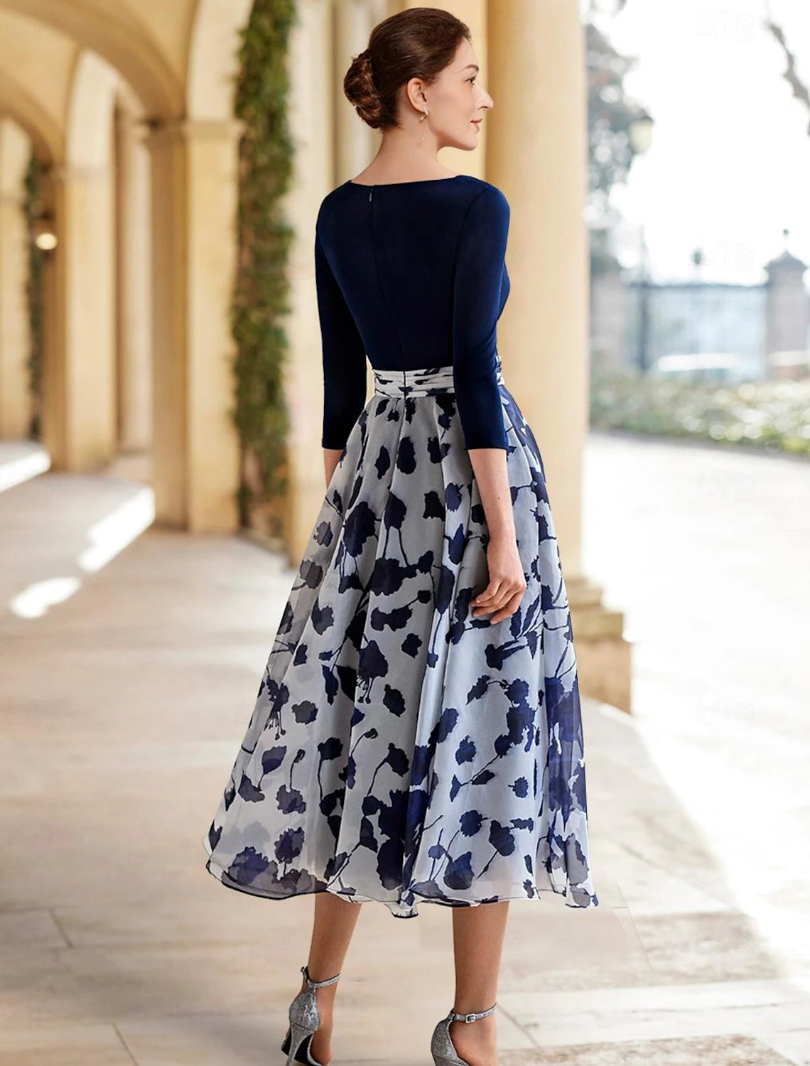 Buyishang A-Line Mother of the Bride Dress Formal Wedding Guest Elegant Scoop Neck V Neck Ankle Length Chiffon Sequined Stretch Fabric 3/4 Length Sleeve with Flower free custom size