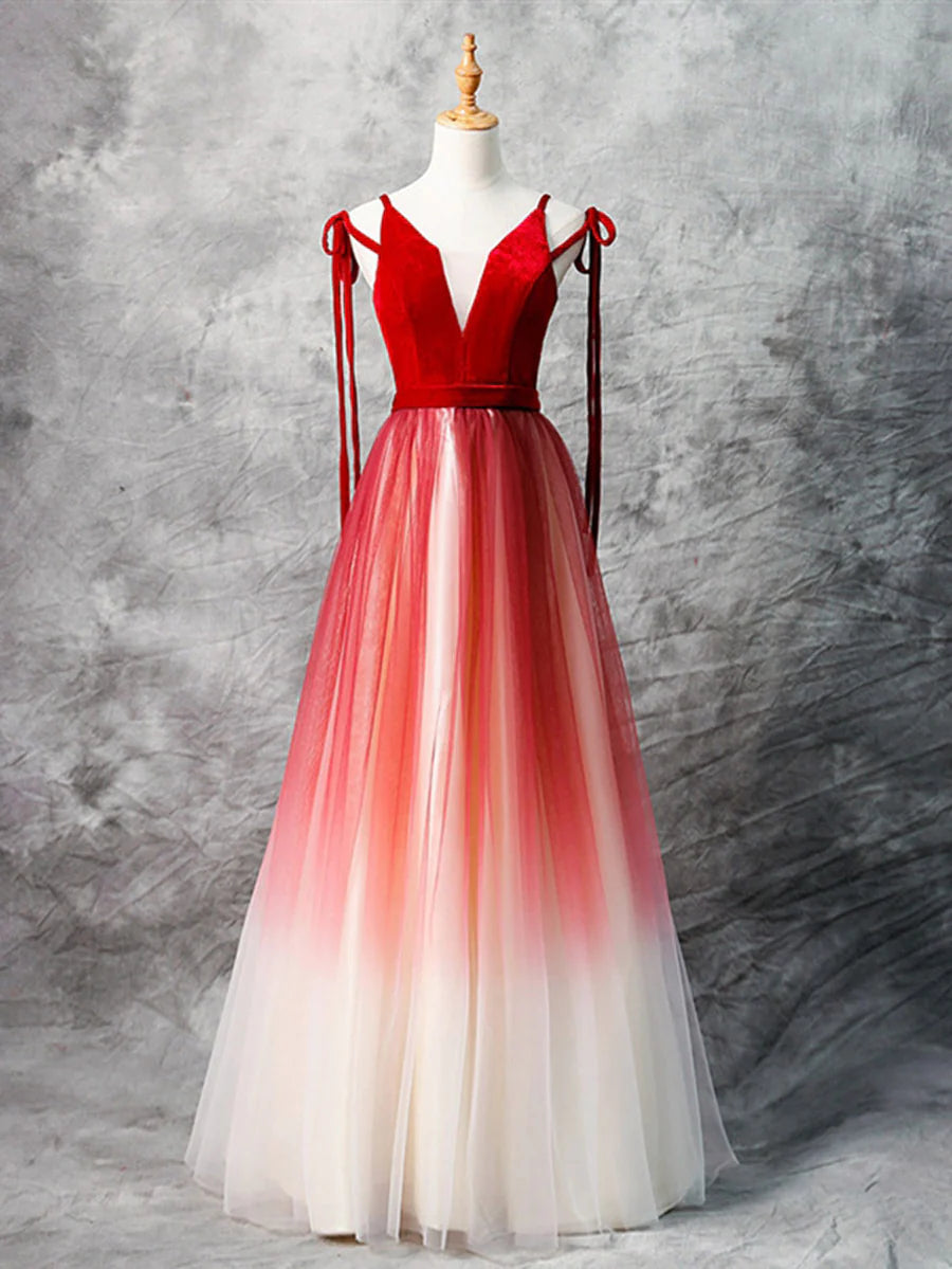 Buyishang A-Line Red Velvet Tulle Long Prom Dress Red Formal Dress