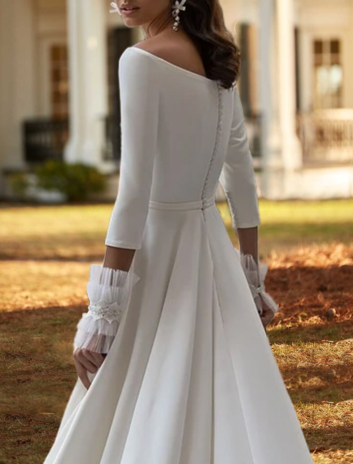 Casual Wedding Dresses A-Line Off Shoulder 3/4 Length Sleeve Court Train Stretch Fabric Bridal Gowns With Bow(s) Pleats