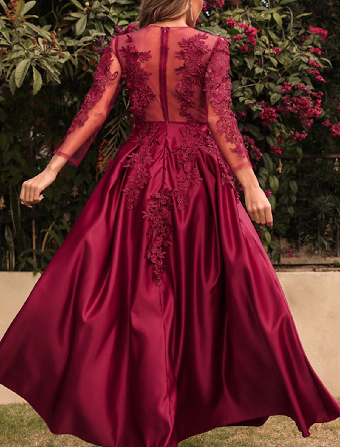Women's Prom Dress Party Dress Lace Dress Long Dress Maxi Dress Red 3/4 Length Sleeve Pure Color Lace Spring Fall Winter Crew Neck Red Valentines Dress Party Winter Dress Valentine's Day