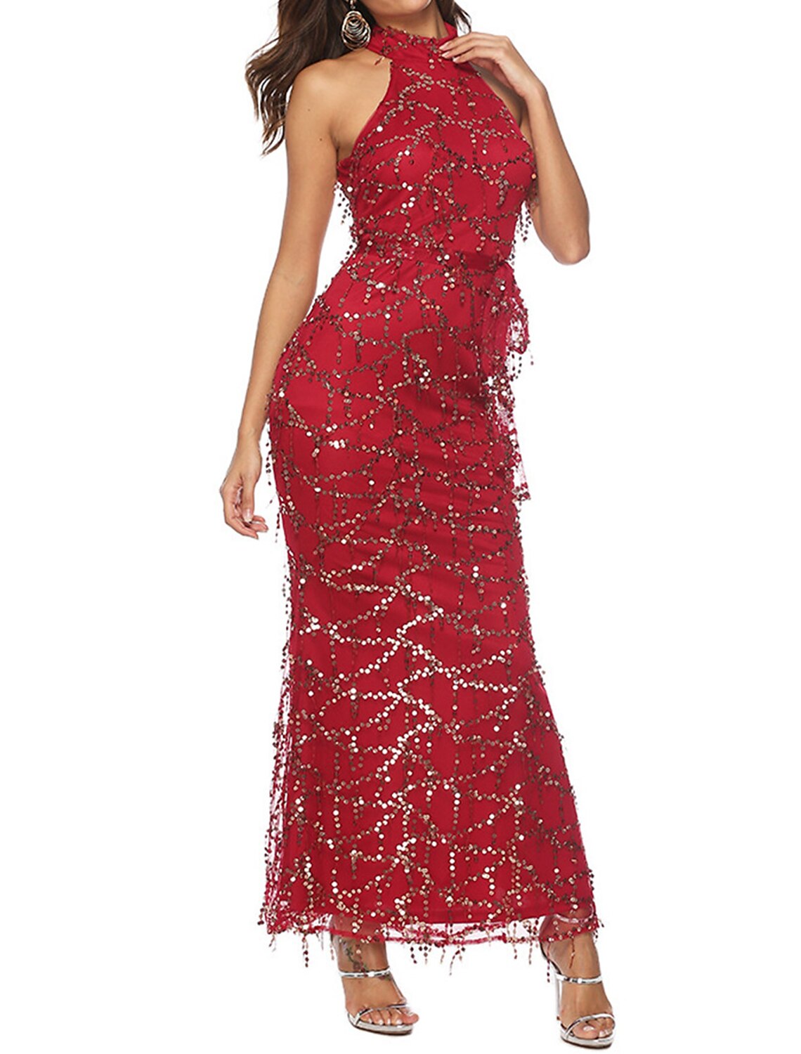 Women's Sequin Dress Fringe Dress Prom Dress Long Dress Maxi Dress Burgundy Sleeveless Plain Sequins Summer Spring Fall Halter Neck Red Valentines Dress Valentine's Day Wedding Guest Evening Party