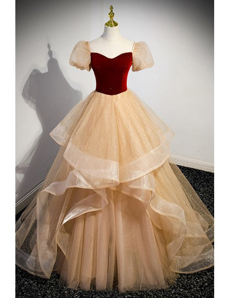 Unique Bling Gold Ruffled Tulle Ballgown Prom Dress with Short Sleeves