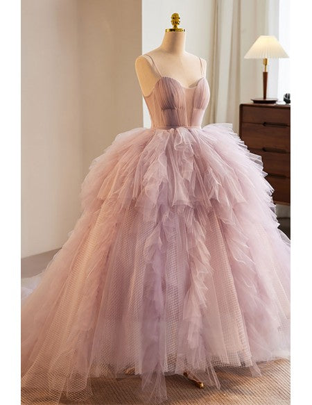 Unique Pink Ruffled Puffy Tulle Ballgown Formal Prom Dress with Straps