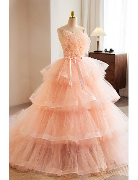 Princess Pink Tulle Ruffle Ballgown Prom Dress with Feathers