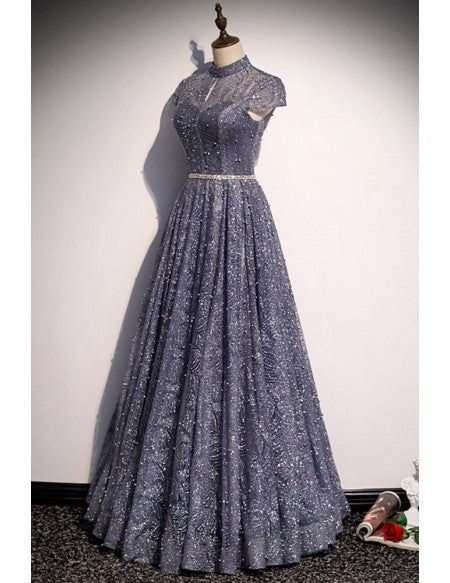 Gorgeous Sparkly Sequins High Neck Prom Dress with Cap Sleeves