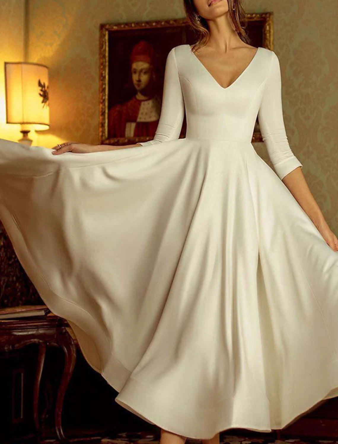 Women‘s Party Dress Wedding Guest Dress Swing Dress White Dress Long Dress Maxi Dress White 3/4 Length Sleeve Pure Color Patchwork Winter Fall Autumn V Neck Elegant Evening Party