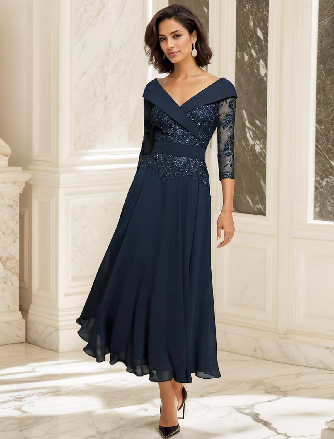 Buyishang A-Line Mother of the Bride Dress Wedding Guest Elegant Sweetheart Ankle Length Chiffon 3/4 Length Sleeve with Lace free custom size