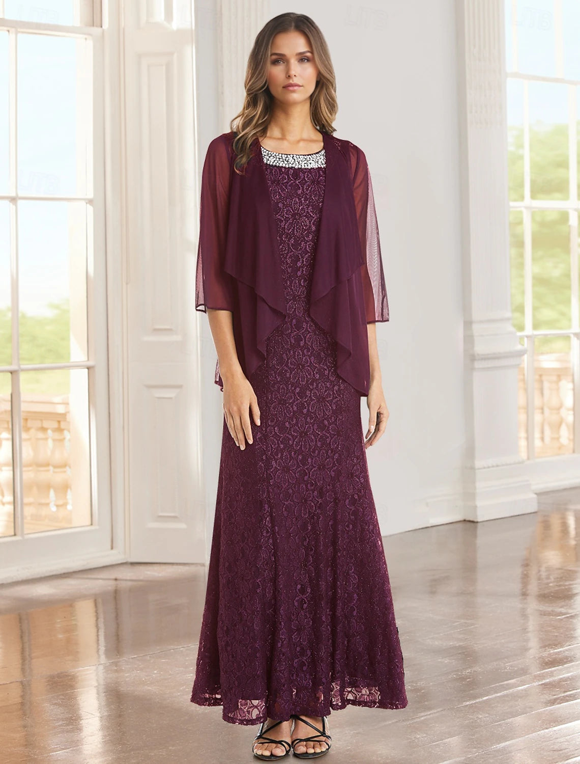 Buyishang Two Piece Sheath Dress Suit Mother of the Bride Dress Elegant Vintage Sparkle & Shine Jewel Neck Ankle Length Chiffon Lace 3/4 Length Sleeve with Lace Beading