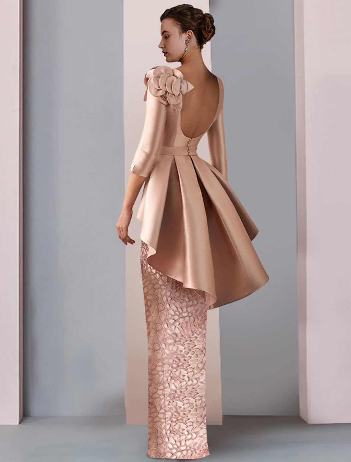 Sheath / Column Mother of the Bride Dress Wedding Guest Elegant Party V Neck Floor Length Satin Lace 3/4 Length Sleeve with Appliques Cascading Ruffles Flower