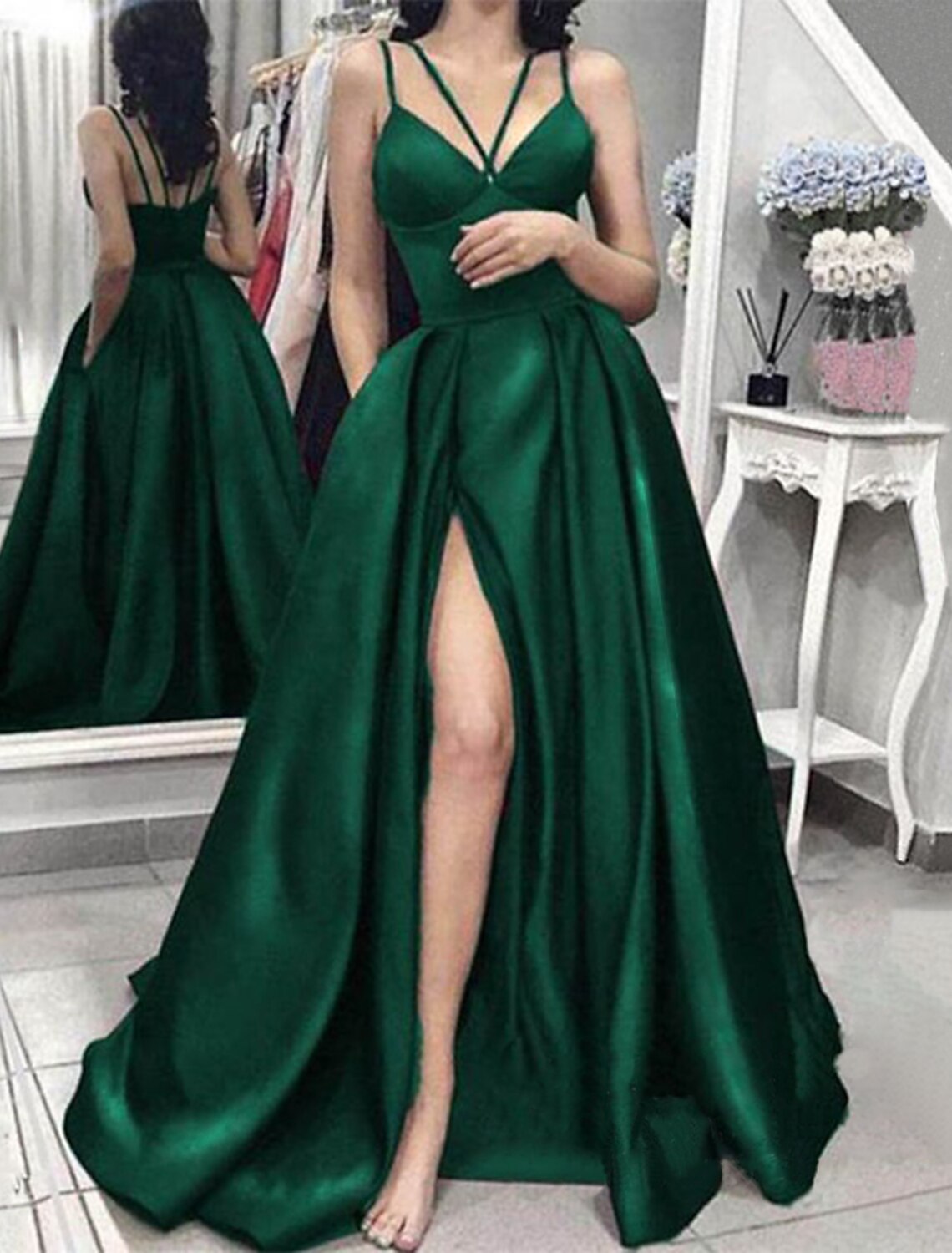 A-Line Evening Gown High Split Dress Wedding Guest Prom Floor Length Sleeveless Spaghetti Strap Satin with Slit Pure Color