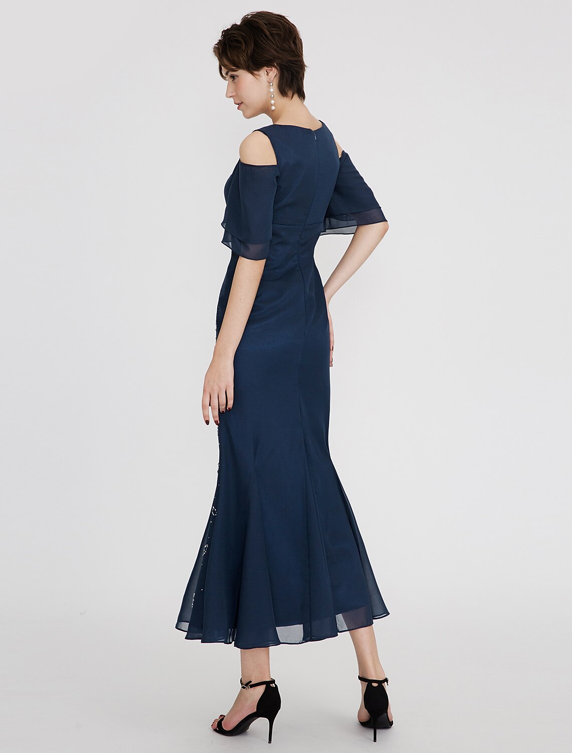 Mermaid / Trumpet Elegant Dress Holiday Cocktail Party Tea Length Short Sleeve Straps Chiffon with Pleats Beading