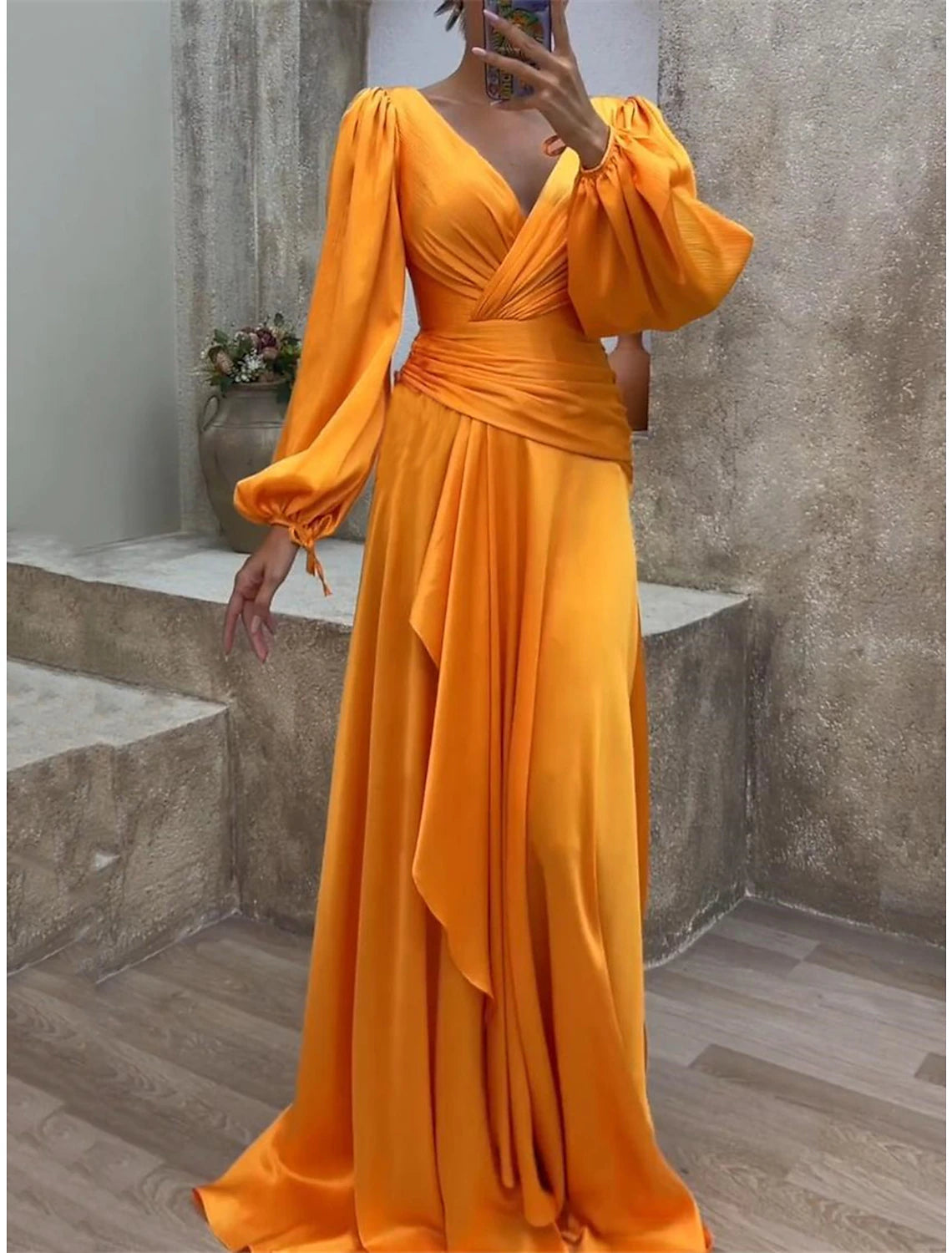 Women's Prom Dress Party Dress Satin Dress Long Dress Maxi Dress Orange Long Sleeve Pure Color Layered Spring Fall Winter V Neck Fashion Winter Dress Evening Party Wedding Guest