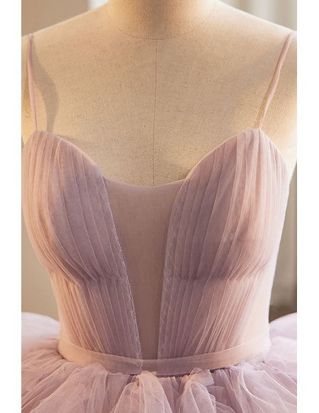 Unique Pink Ruffled Puffy Tulle Ballgown Formal Prom Dress with Straps