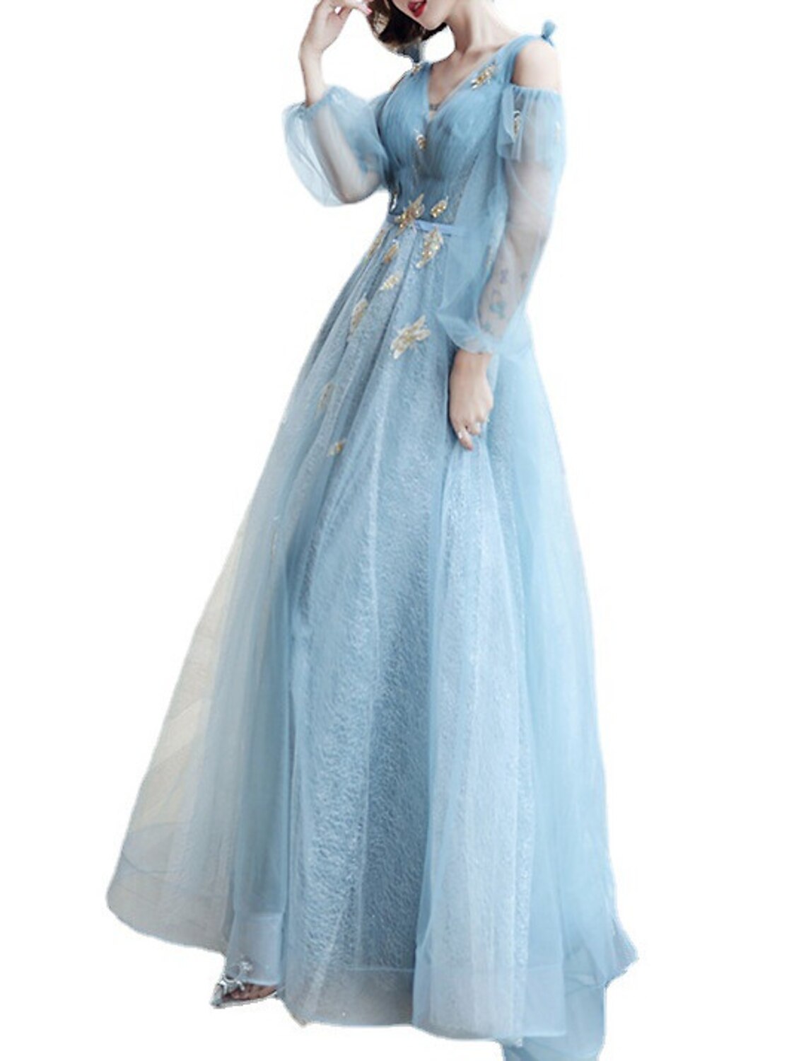 A-Line Sparkle & Shine Puffy Prom Formal Evening Dress V Neck Long Sleeve Floor Length Polyester with Sequin Butterfly