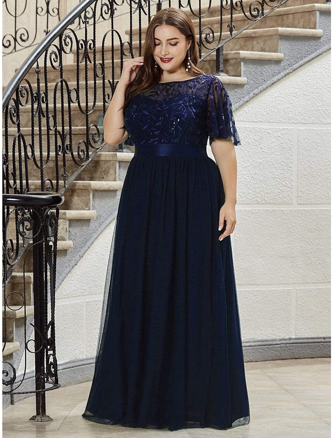 A-Line Empire Elegant Party Wear Prom Dress Jewel Neck Short Sleeve Floor Length Tulle with Embroidery / Illusion Sleeve