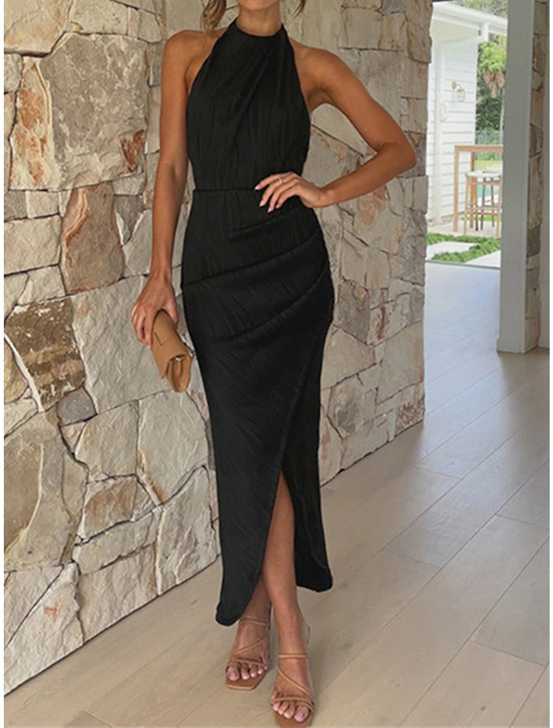 Women's Prom Dress Party Dress Wedding Guest Dress Long Dress Maxi Dress Black Green Sleeveless Plain Ruched Summer Spring Fall Halter Neck Elegant Wedding Guest Birthday Evening Party