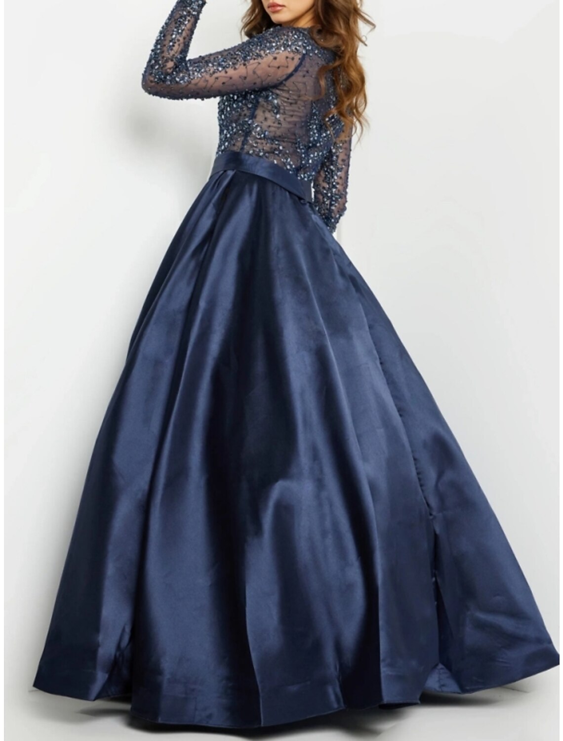 A-Line Evening Gown Sparkle & Shine Dress Formal Wedding Guest Floor Length Long Sleeve Jewel Neck Sequined with Glitter Pleats