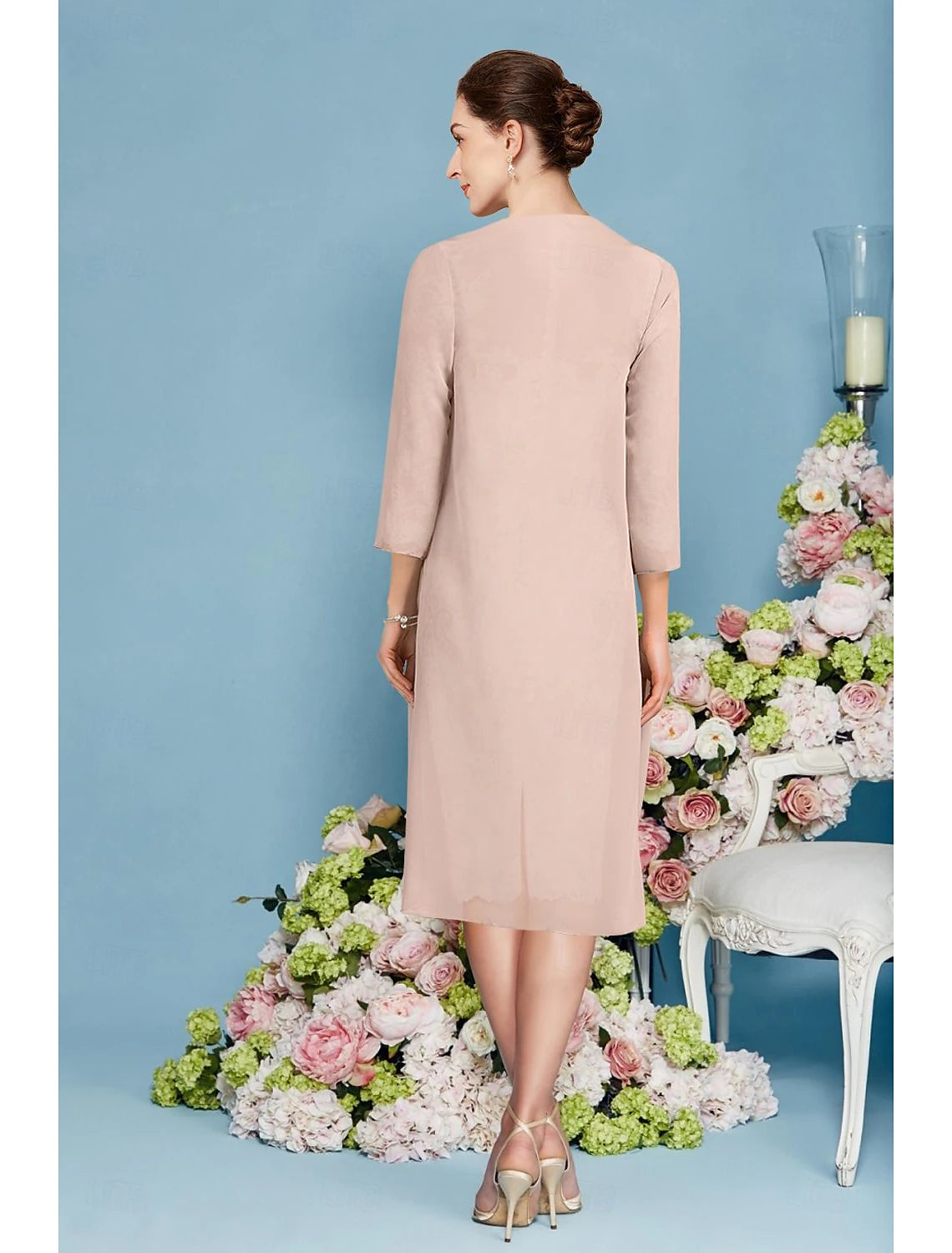 Buyishang Two Piece Sheath Mother of the Bride Dress Elegant Jewel Neck Knee Length Chiffon Lace 3/4 Length Sleeve Wrap Included Jacket Dresses with Beading Appliques free custom size