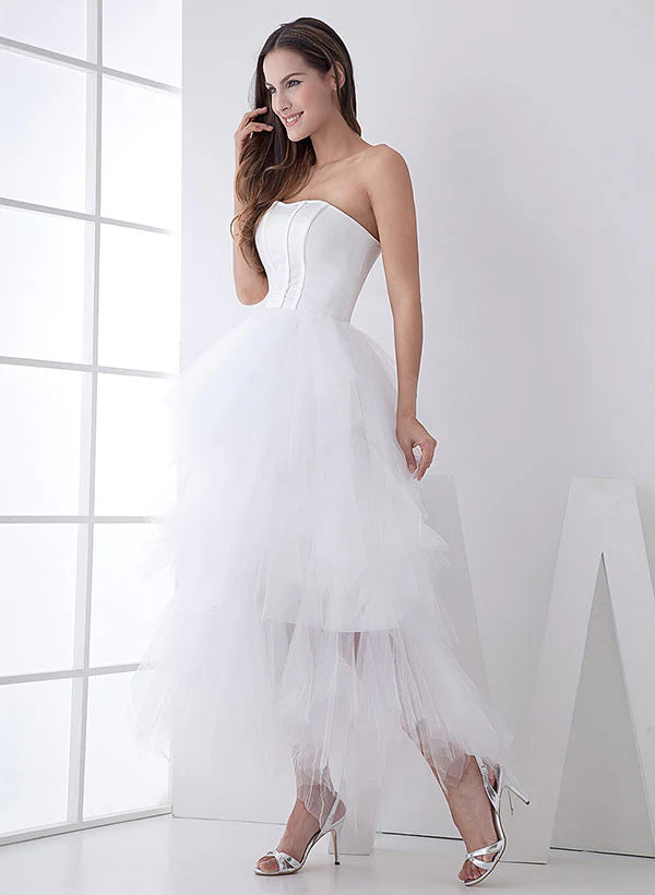 Buyishang White Classic Strapless Satin High Low Wedding Dress