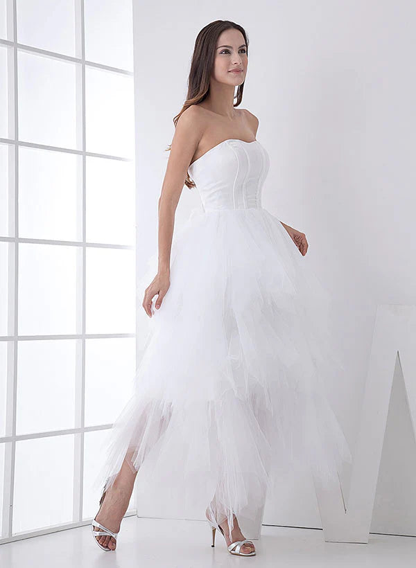 Buyishang White Classic Strapless Satin High Low Wedding Dress