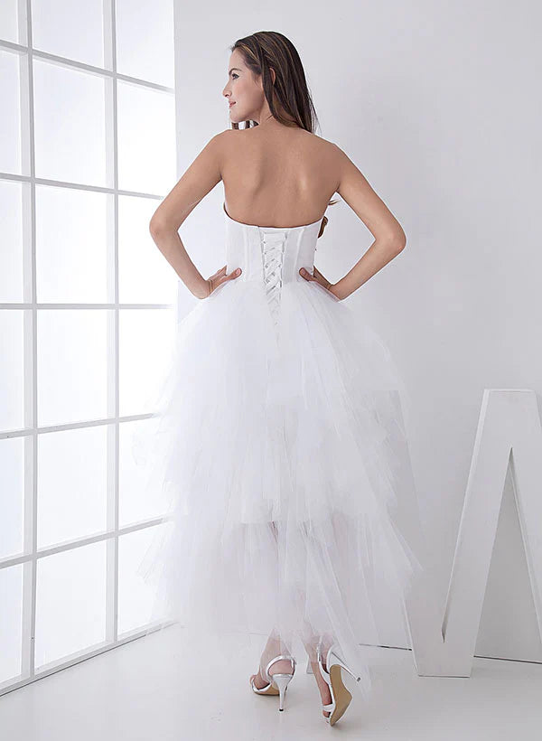 Buyishang White Classic Strapless Satin High Low Wedding Dress