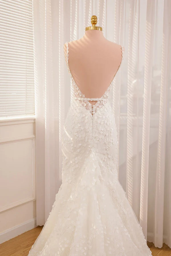 Buyishang Straps White Lace Mermaid Wedding Dress With Appliques