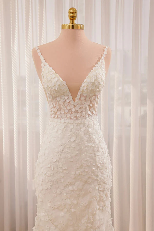 Buyishang Straps White Lace Mermaid Wedding Dress With Appliques