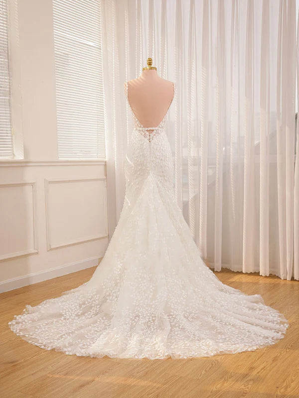 Buyishang Straps White Lace Mermaid Wedding Dress With Appliques