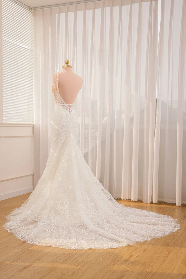 Buyishang Straps White Lace Mermaid Wedding Dress With Appliques