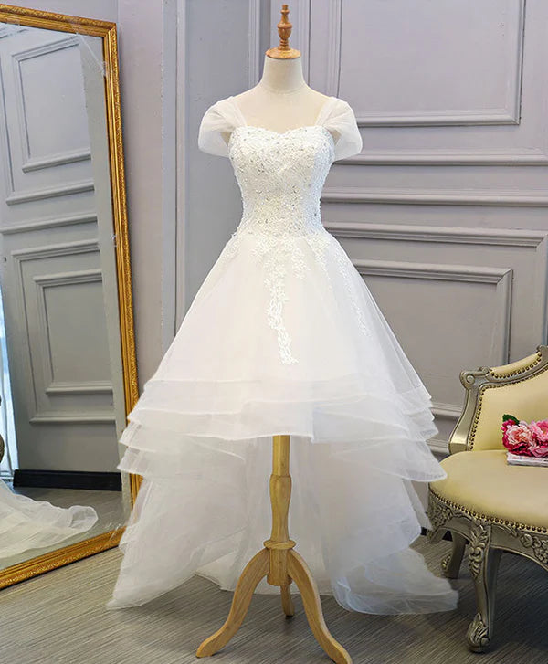 Buyishang White Lace Tulle High Low Long Wedding Dress