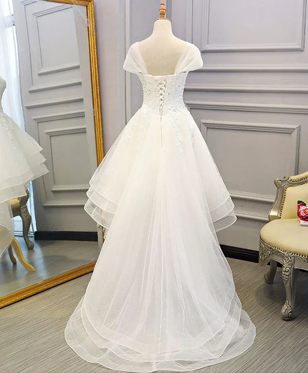 Buyishang White Lace Tulle High Low Long Wedding Dress