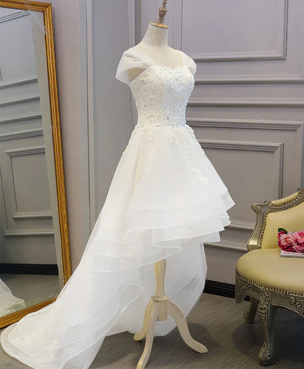 Buyishang White Lace Tulle High Low Long Wedding Dress